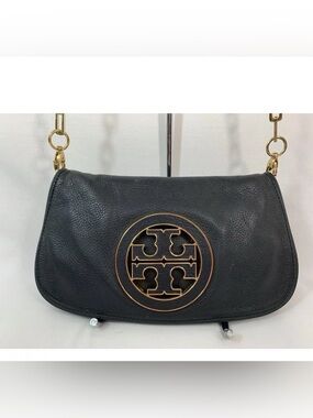 Tory Burch Amanda Clutch Crossbody Bag With Gold Chain Strap Black Leather